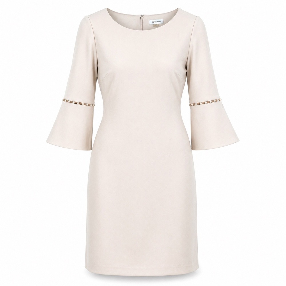 Calvin Klein Blush Pink Sheath Dress 12‎ Pearl Trim 3/4 Bell Sleeve Midi Elegant